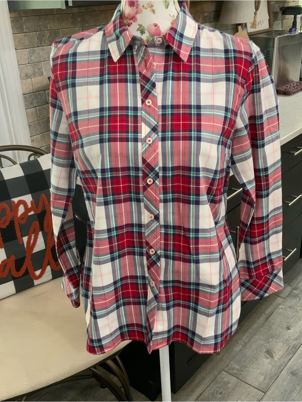 Talbots Petites MP Blouse Long Sleeve Button Front Red Green Plaid Holiday New